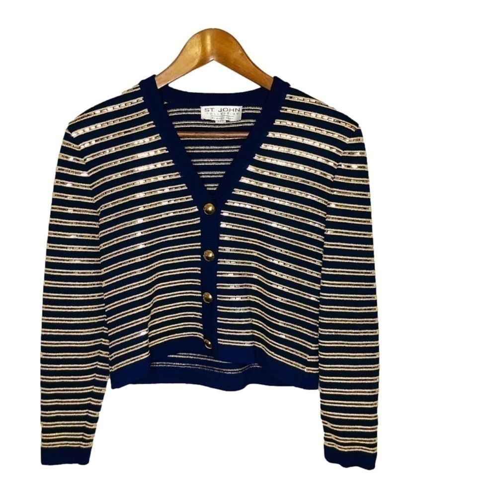 St John Collection Navy/Royal Blue Gold Striped Sweater Cardigan Size P Small